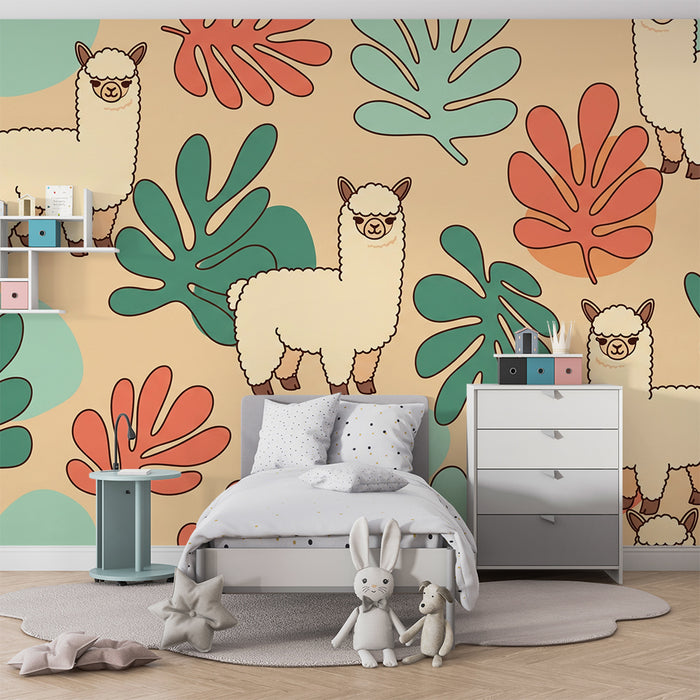 Kids' Room Wallpaper | Adorable Alpacas in Colorful Foliage