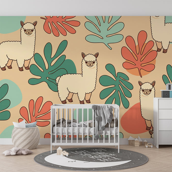 Kids' Room Wallpaper | Adorable Alpacas in Colorful Foliage