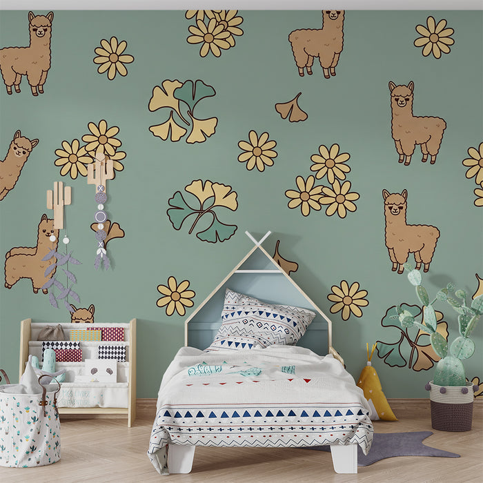 Barnrumspapper | Söta alpackor och blommor på pastellfärgad bakgrund