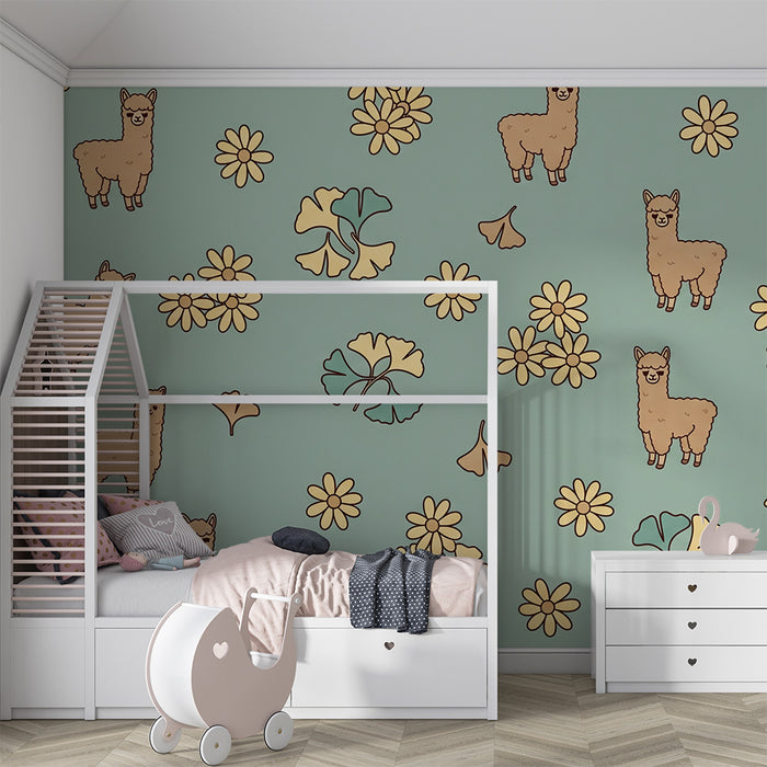 Barnrumspapper | Söta alpackor och blommor på pastellfärgad bakgrund