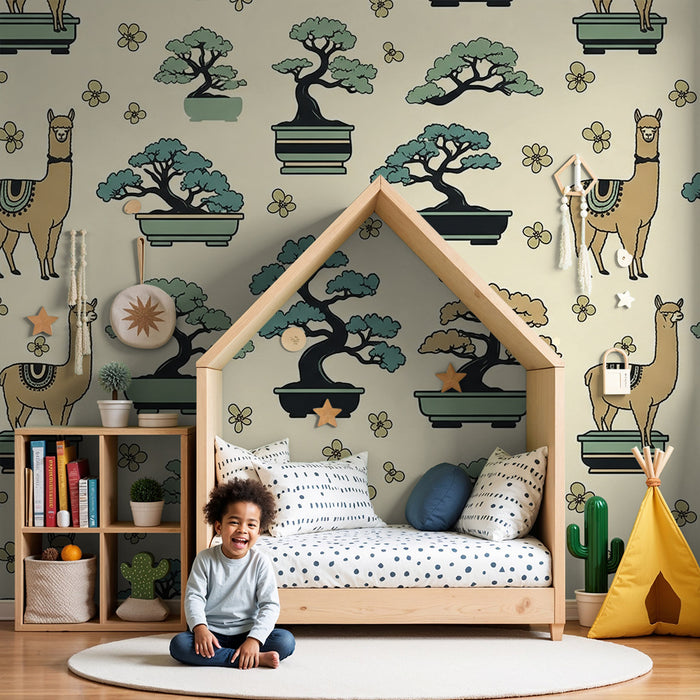 Kids' Room Wallpaper | Alpacas and Bonsai in a Soothing Scene