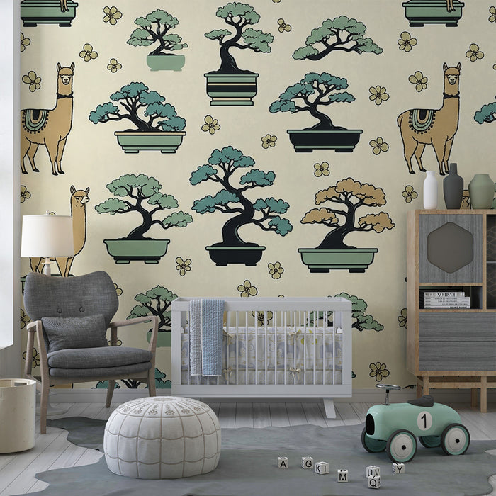 Kids' Room Wallpaper | Alpacas and Bonsai in a Soothing Scene