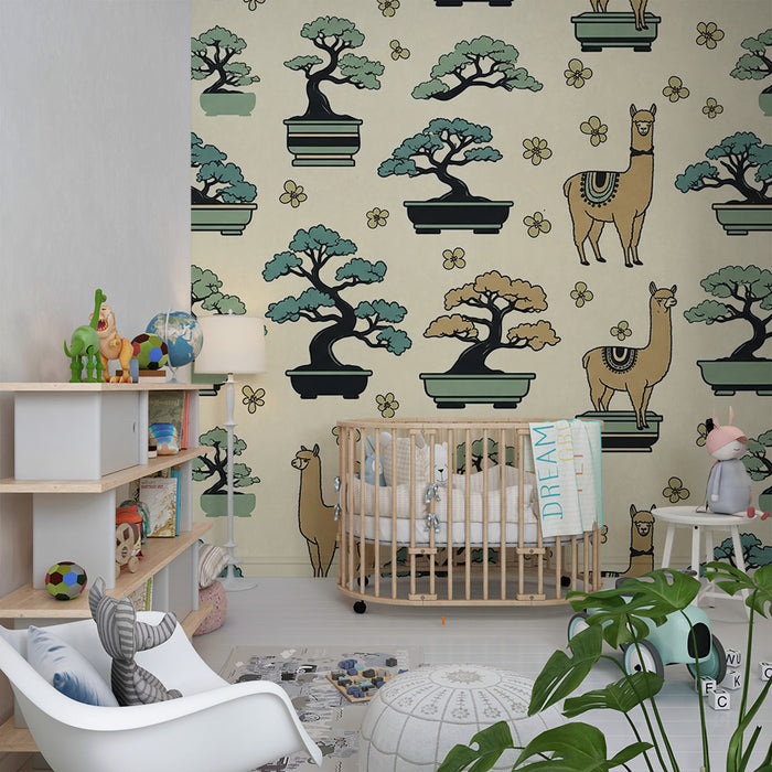 Kids' Room Wallpaper | Alpacas and Bonsai in a Soothing Scene