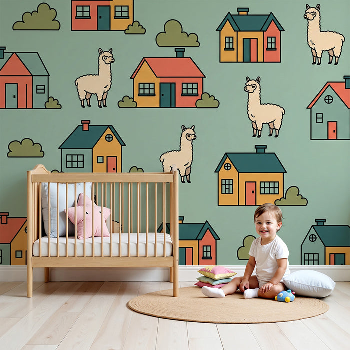 Behang kinderkamer | Kleurrijke alpaca's en huisjes op pastelkleurige achtergrond
