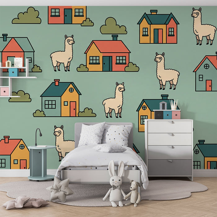Behang kinderkamer | Kleurrijke alpaca's en huisjes op pastelkleurige achtergrond