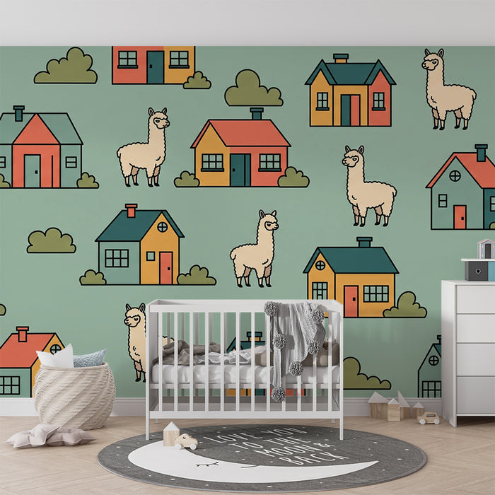 Behang kinderkamer | Kleurrijke alpaca's en huisjes op pastelkleurige achtergrond
