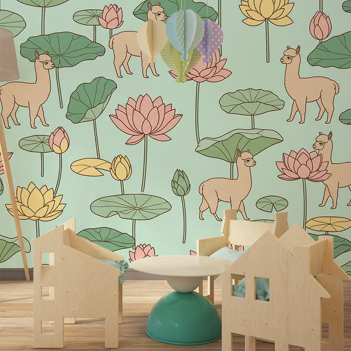 Barnetapet | Søte alpakkaer blant fargerike lotusblomster