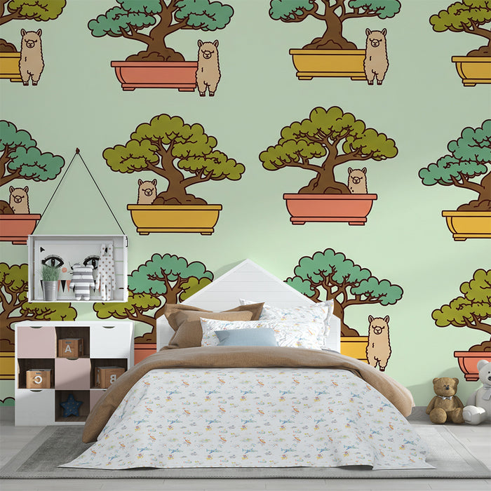 Carta da parati per cameretta | Alpaca teneri e bonsai colorati su sfondo pastello