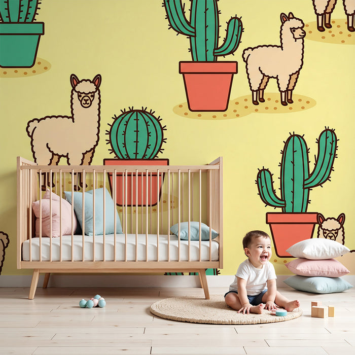 Kids' Room Wallpaper | Cute Alpacas and Colorful Cacti on a Yellow Background
