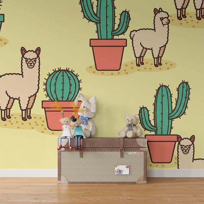 Kids' Room Wallpaper | Cute Alpacas and Colorful Cacti on a Yellow Background