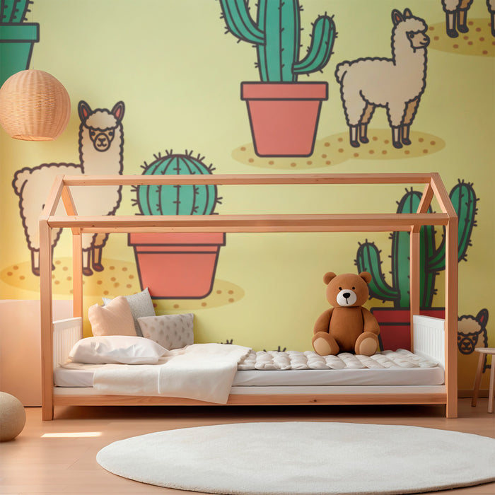 Kids' Room Wallpaper | Cute Alpacas and Colorful Cacti on a Yellow Background