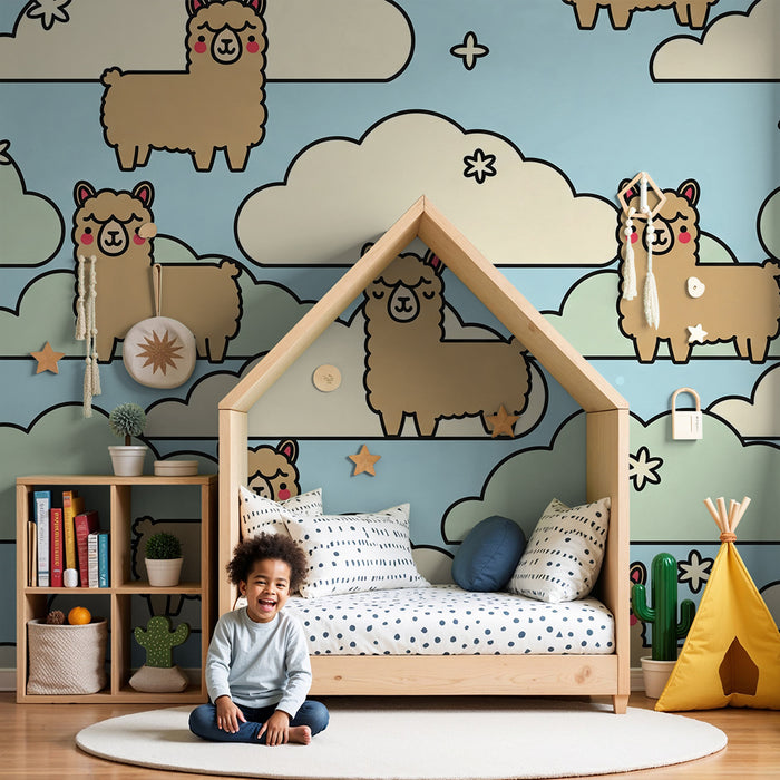 Behang kinderkamer | Schattige alpaca's tussen de wolken