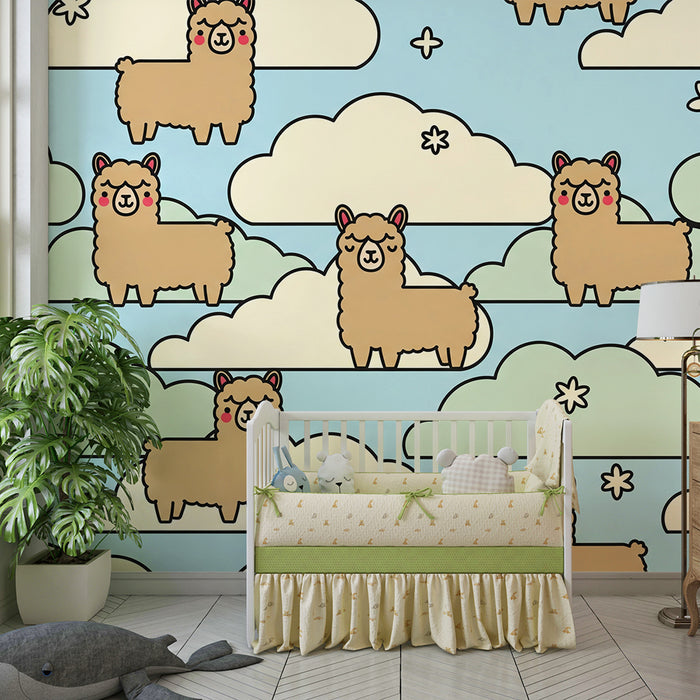 Behang kinderkamer | Schattige alpaca's tussen de wolken