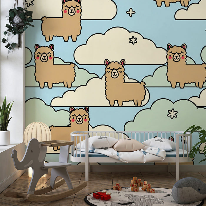 Behang kinderkamer | Schattige alpaca's tussen de wolken