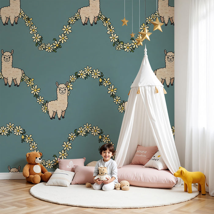 Behang kinderkamer | Glimlachende alpaca's met gele bloemen op een blauwe achtergrond
