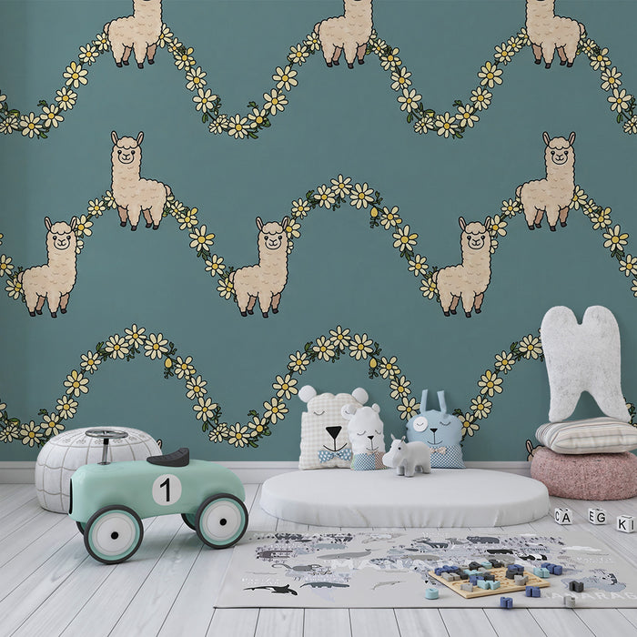 Behang kinderkamer | Glimlachende alpaca's met gele bloemen op een blauwe achtergrond