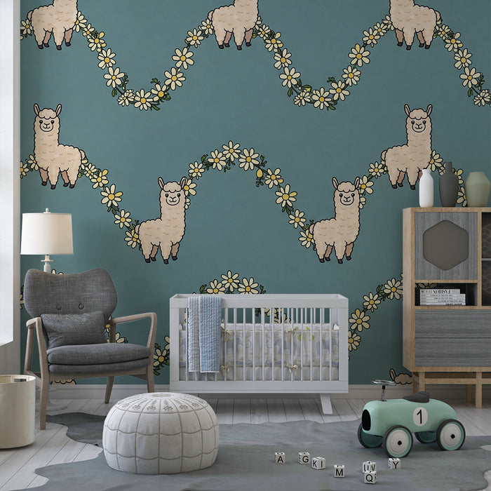 Behang kinderkamer | Glimlachende alpaca's met gele bloemen op een blauwe achtergrond
