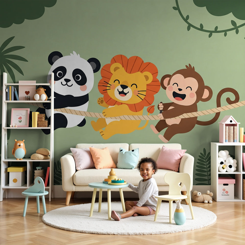Kinderkamer behang | Jungle vrienden feestvierend — Kids Wall, image size:1000x1000