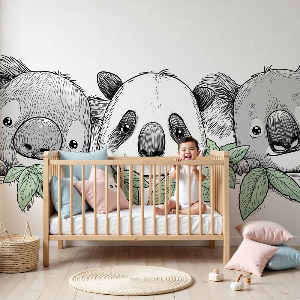 Kinderkamer behang | Harige vrienden twee koala's en panda — Kids Wall, image size:1000x1000