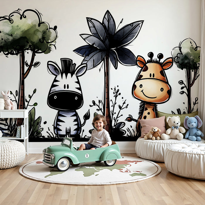 Papel de parede para quarto de criança | Animais divertidos da savana com uma zebra e uma girafa