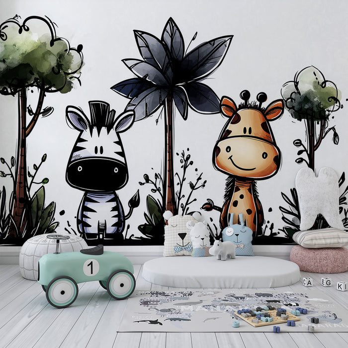 Papel de parede para quarto de criança | Animais divertidos da savana com uma zebra e uma girafa