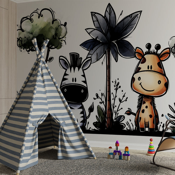 Papel de parede para quarto de criança | Animais divertidos da savana com uma zebra e uma girafa