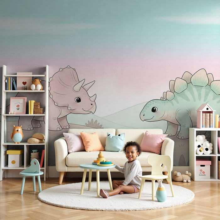 Kinderzimmer Tapete | Lustige Dinosaurier in einer Pastelllandschaft