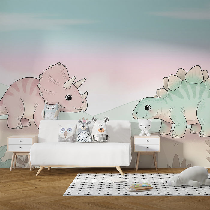 Kinderzimmer Tapete | Lustige Dinosaurier in einer Pastelllandschaft