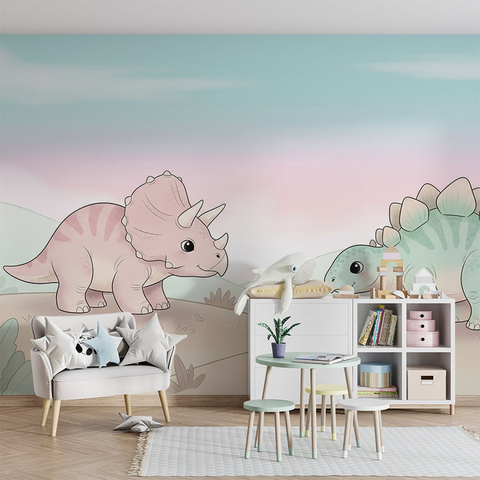 Kinderzimmer Tapete | Lustige Dinosaurier in einer Pastelllandschaft