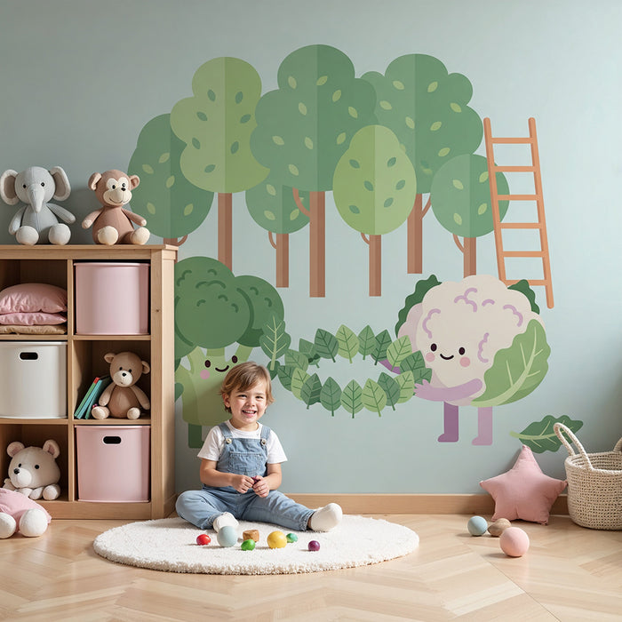 Papel de parede para quarto de criança | Legumes divertidos numa floresta encantada