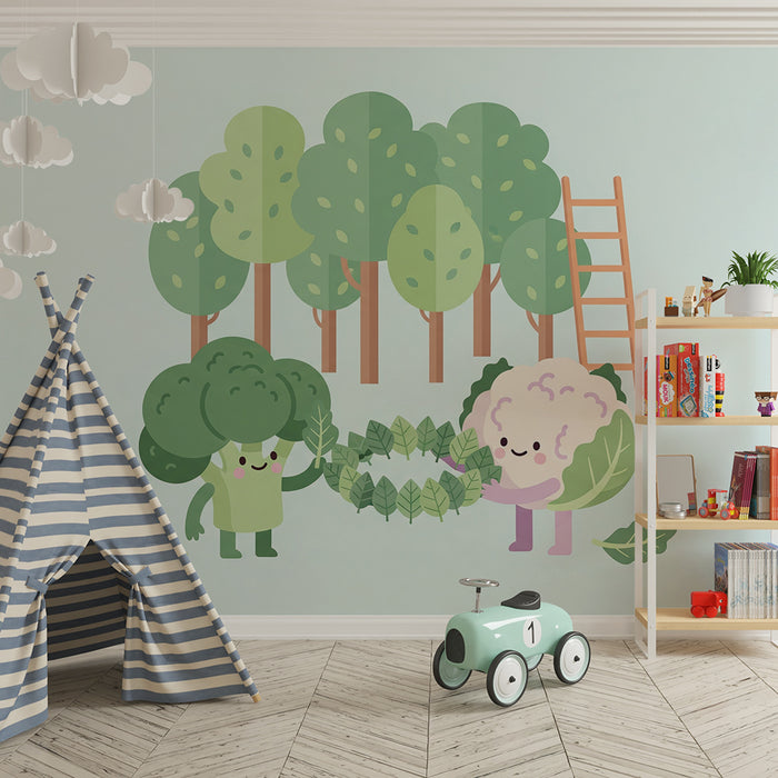 Papel de parede para quarto de criança | Legumes divertidos numa floresta encantada