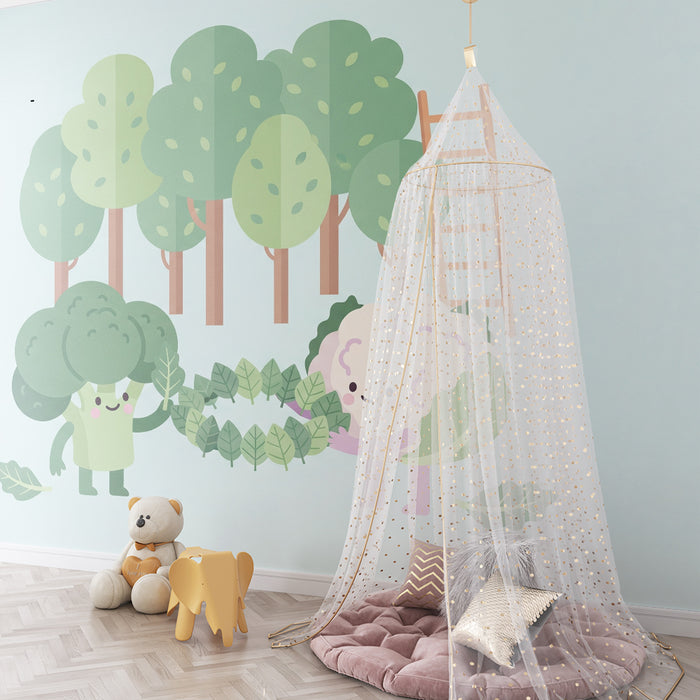 Papel de parede para quarto de criança | Legumes divertidos numa floresta encantada
