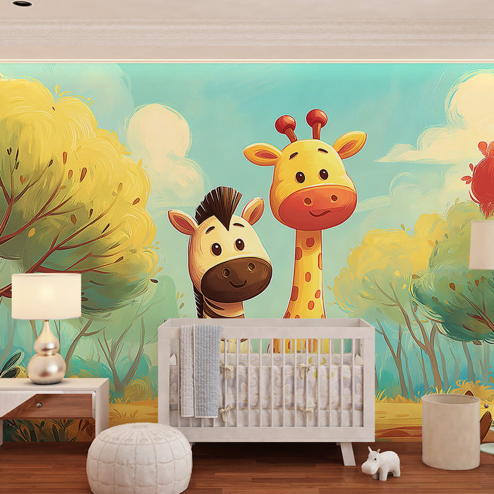 Dětská tapeta | Zábavný zebra a žirafa uprostřed barevného lesa