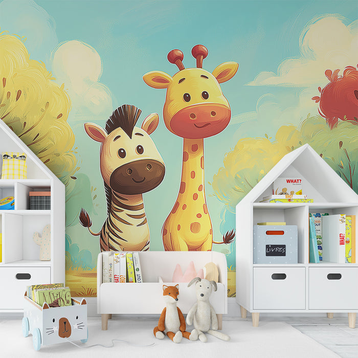 Dětská tapeta | Zábavný zebra a žirafa uprostřed barevného lesa
