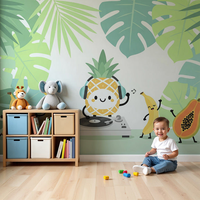Papel de parede para quarto de criança | Ananas DJ e frutas num ambiente tropical