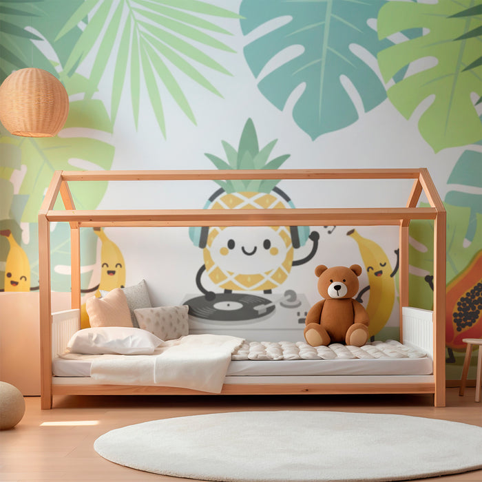 Papel de parede para quarto de criança | Ananas DJ e frutas num ambiente tropical
