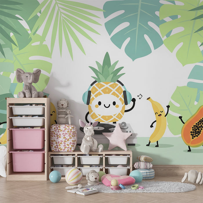 Papel de parede para quarto de criança | Ananas DJ e frutas num ambiente tropical