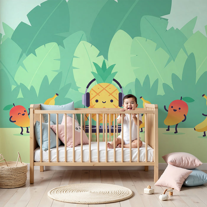 Papel de parede para quarto de criança | Ananás DJ e frutas dançantes numa selva colorida