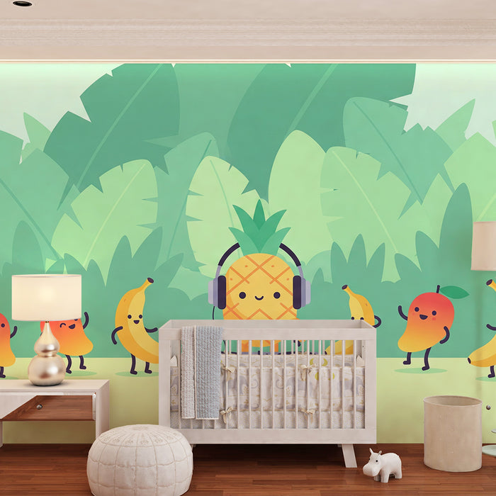 Papel de parede para quarto de criança | Ananás DJ e frutas dançantes numa selva colorida