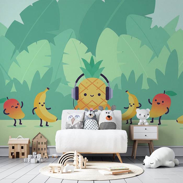 Papel de parede para quarto de criança | Ananás DJ e frutas dançantes numa selva colorida