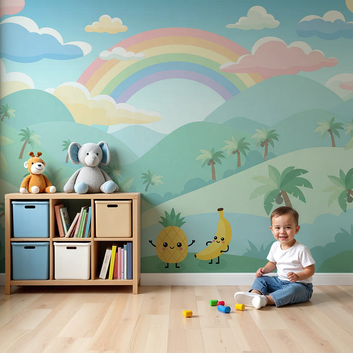 Papel de parede para quarto de criança | Ananás e banana alegres sob um arco-íris tropical
