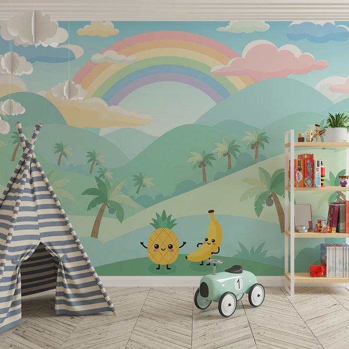 Papel de parede para quarto de criança | Ananás e banana alegres sob um arco-íris tropical