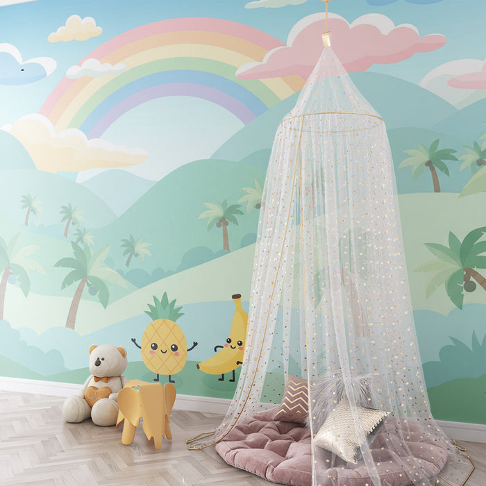 Papel de parede para quarto de criança | Ananás e banana alegres sob um arco-íris tropical