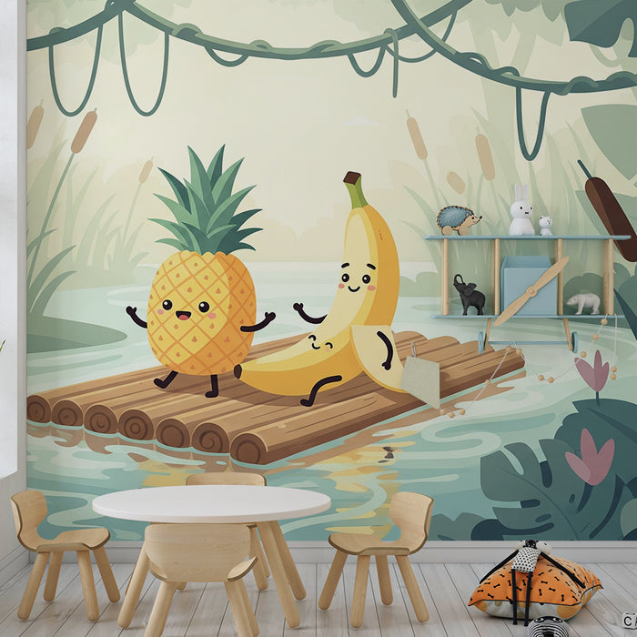 Børneværelses tapet | Glade ananas og bananer på tropisk eventyr