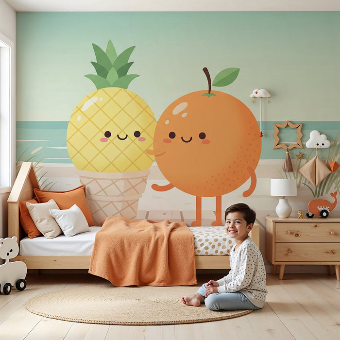 Carta da parati per cameretta | Ananas e arance sorridenti sulla spiaggia