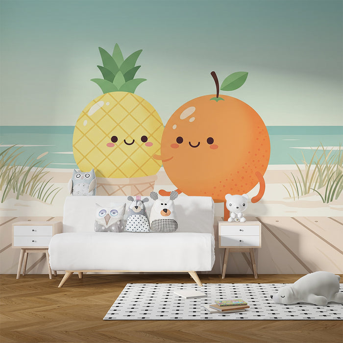 Carta da parati per cameretta | Ananas e arance sorridenti sulla spiaggia