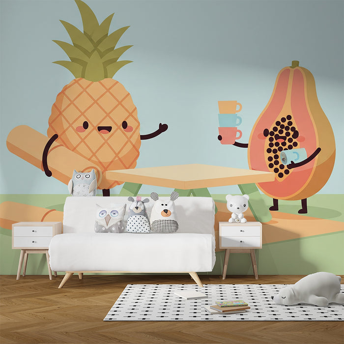 Carta da parati per cameretta | Ananas e papaia divertenti a un tavolo da picnic