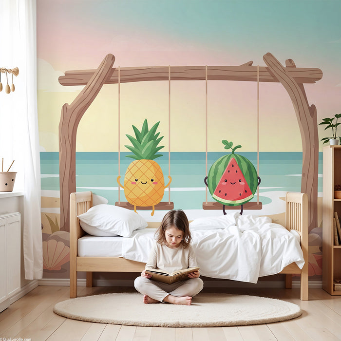 Dětské tapety do pokojíčku | Ananas a meloun na houpačkách u moře