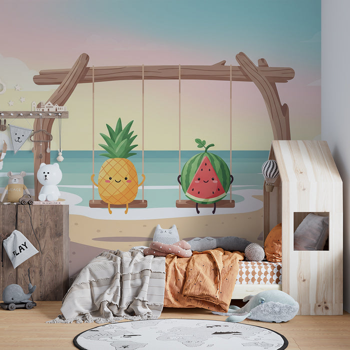 Dětské tapety do pokojíčku | Ananas a meloun na houpačkách u moře