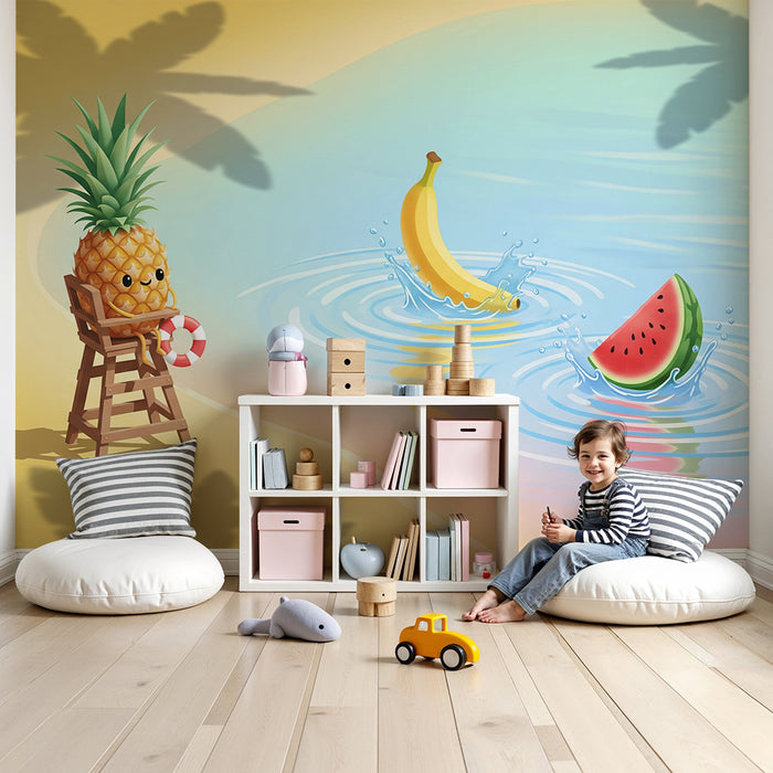 Carta da parati per cameretta | Ananas che sorveglia la spiaggia con frutti esotici